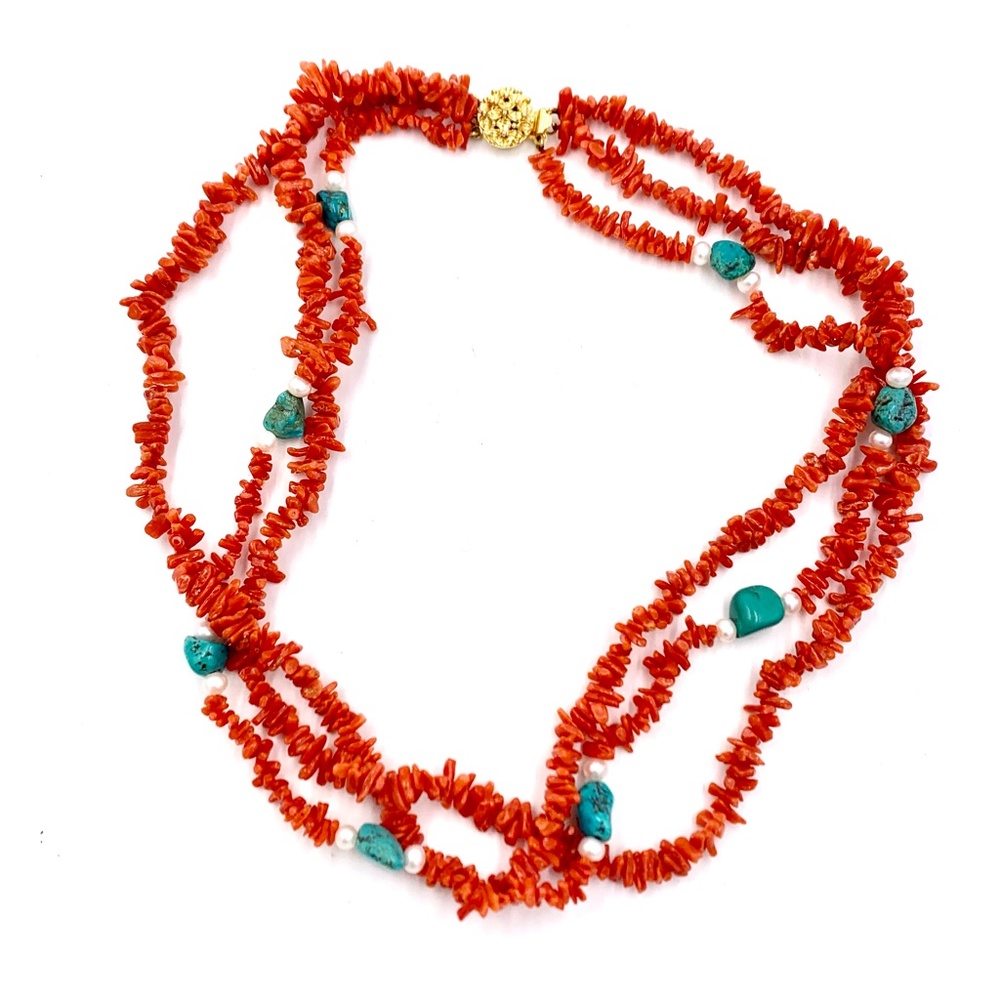 Genuine Red Branch Coral Turquoise & Peals Triple Strand Necklace - Picture 2 of 7